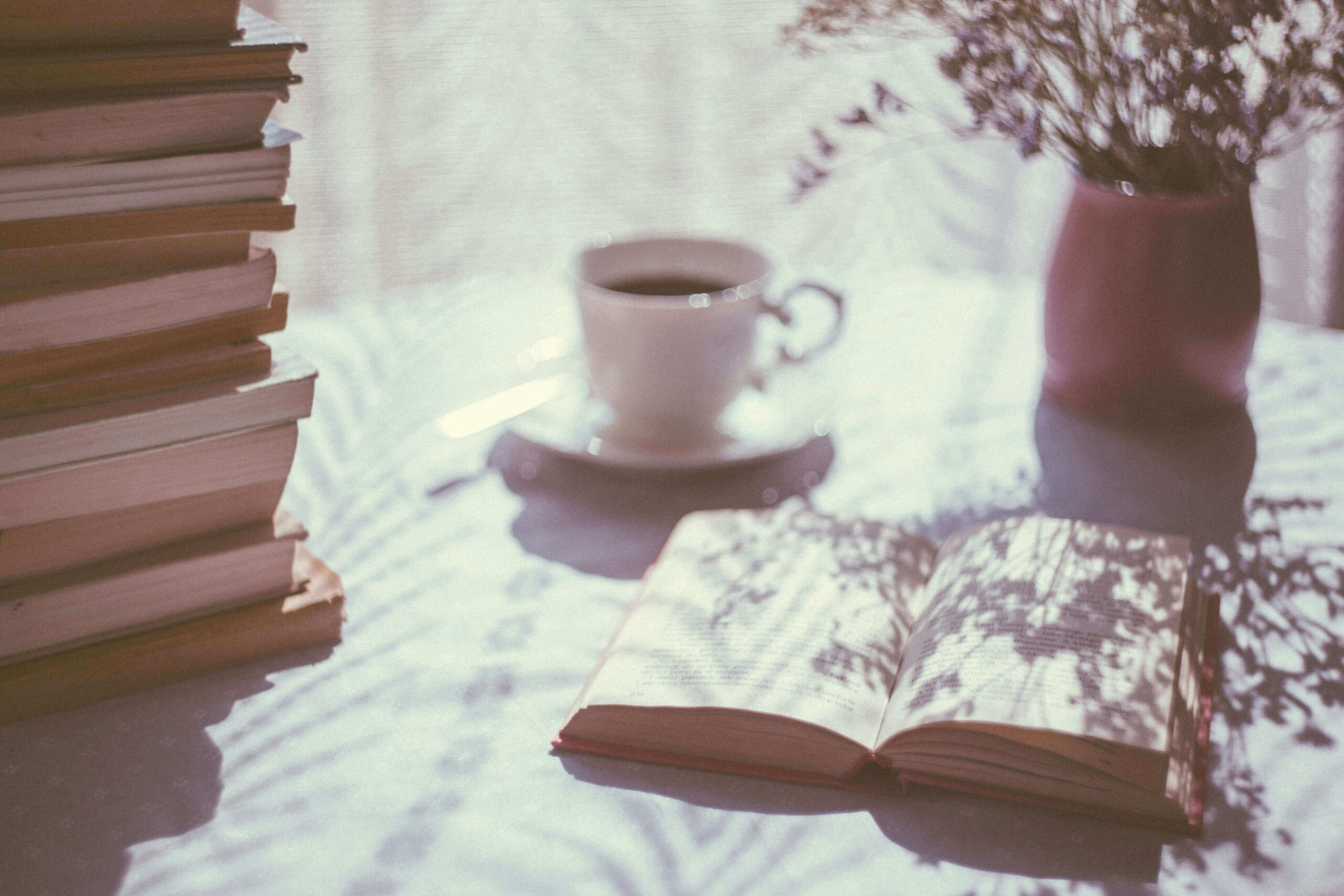 Books, coffee and flowers